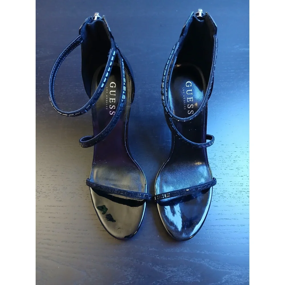 GUESS WGWHOLES Womens Black Patent Rhinestone Strappy Stiletto Heels 8.5M